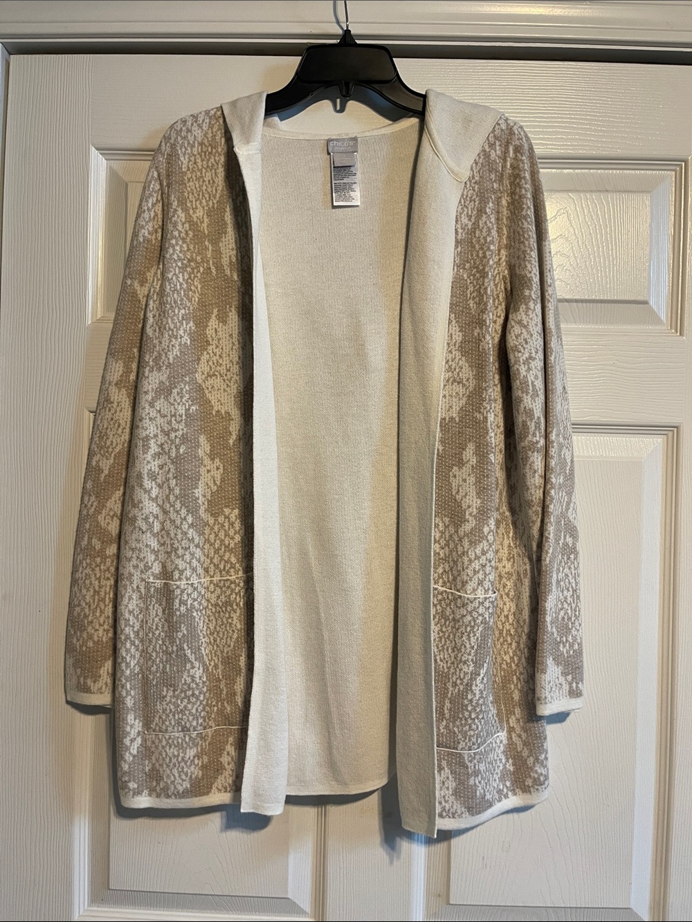 Chico’s Neutral Snake-Print Hooded Open Cardigan.  Size 1 fits 6-8-10